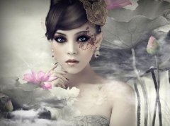 Photoshop合成古典的荷与美女水墨风格壁纸