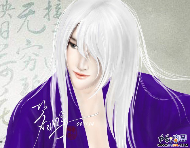 Photoshop绘制白发紫衣男子_PS家园网