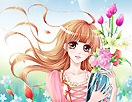 绘制抱着花束的漂亮卡通女孩