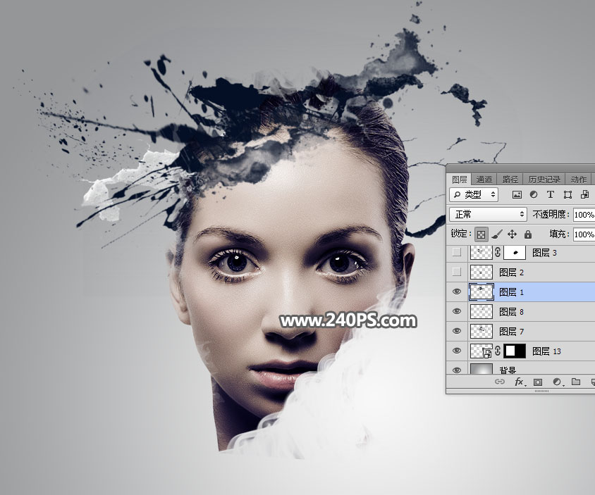 Photoshop制作水墨喷溅效果的美女头像,PS教程,PS家园网