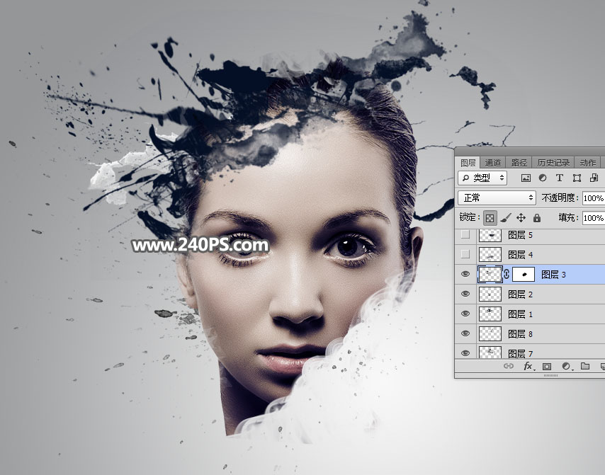 Photoshop制作水墨喷溅效果的美女头像,PS教程,PS家园网