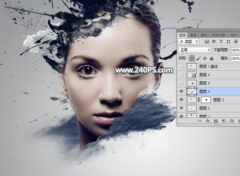 Photoshop制作水墨喷溅效果的美女头像,PS教程,PS家园网