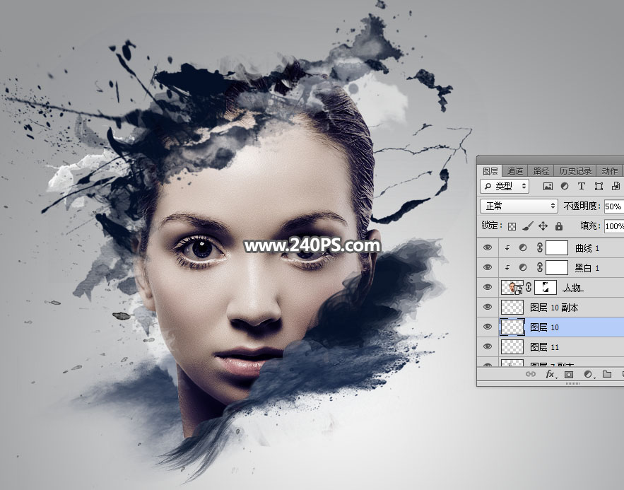 Photoshop制作水墨喷溅效果的美女头像,PS教程,PS家园网