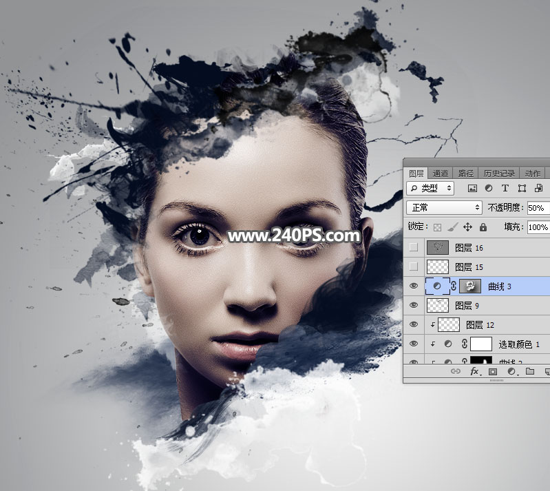 Photoshop制作水墨喷溅效果的美女头像,PS教程,PS家园网