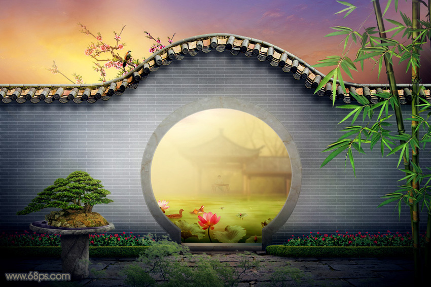 Photoshop合成中式园林黄昏美景效果,PS教程,PS家园网