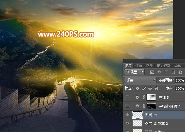 Photoshop给长城照片添加夕阳美景效果,PS教程,PS家园网