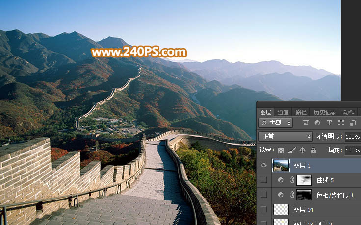 Photoshop给长城照片添加夕阳美景效果,PS教程,PS家园网