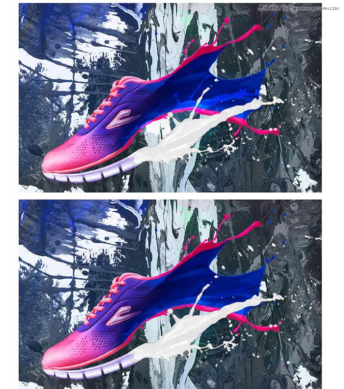 Photoshop设计喷溅牛奶装饰的运动鞋海报,PS教程,PS家园网