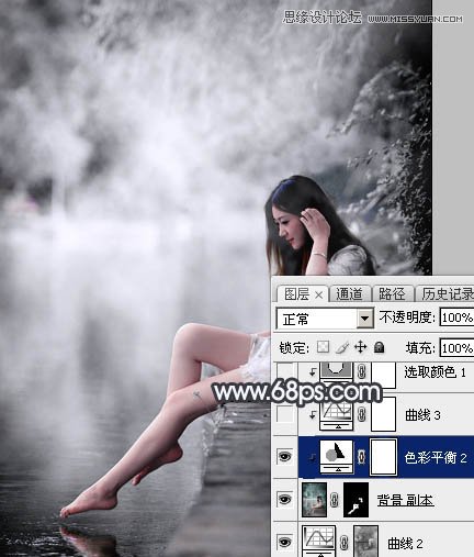Photoshop调出河边人像黑白冷色效果