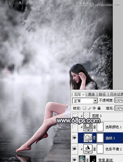 Photoshop调出河边人像黑白冷色效果
