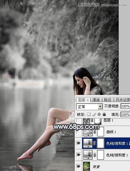 Photoshop调出河边人像黑白冷色效果