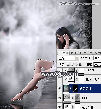 Photoshop调出河边人像黑白冷色效果