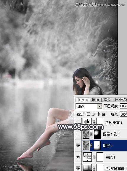 Photoshop调出河边人像黑白冷色效果