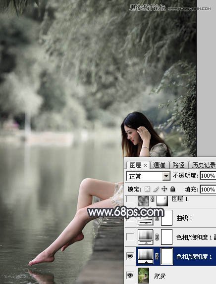 Photoshop调出河边人像黑白冷色效果