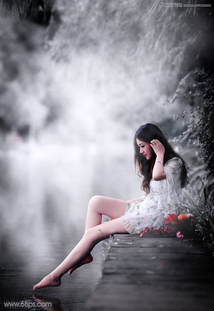 Photoshop调出河边人像黑白冷色效果