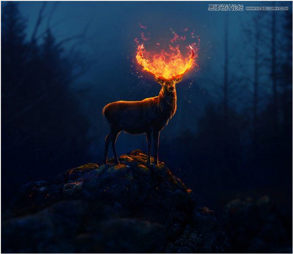 Photoshop合成头顶火焰燃烧效果的森林鹿王