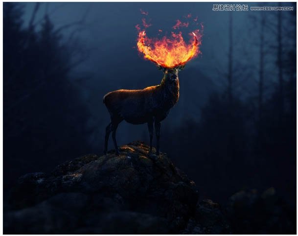 Photoshop合成头顶火焰燃烧效果的森林鹿王