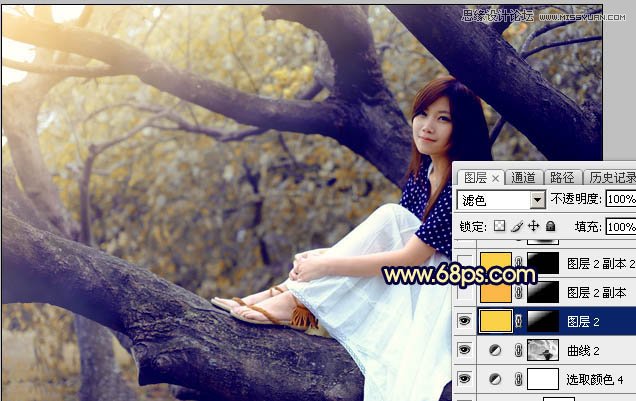 Photoshop给树上美女人像添加唯美逆光效果