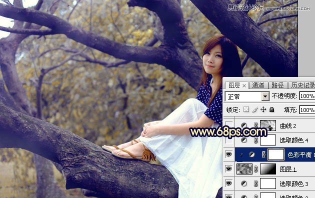 Photoshop给树上美女人像添加唯美逆光效果