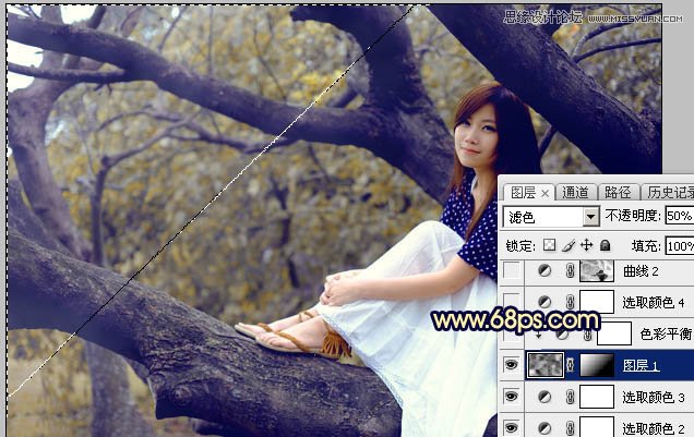 Photoshop给树上美女人像添加唯美逆光效果