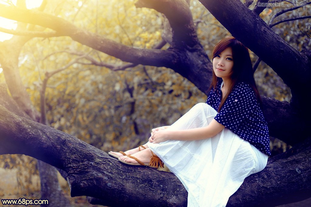 Photoshop给树上美女人像添加唯美逆光效果