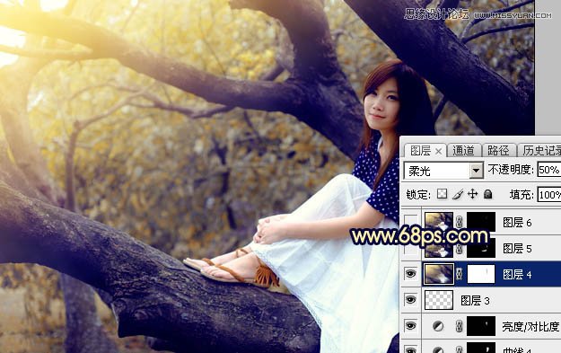 Photoshop给树上美女人像添加唯美逆光效果