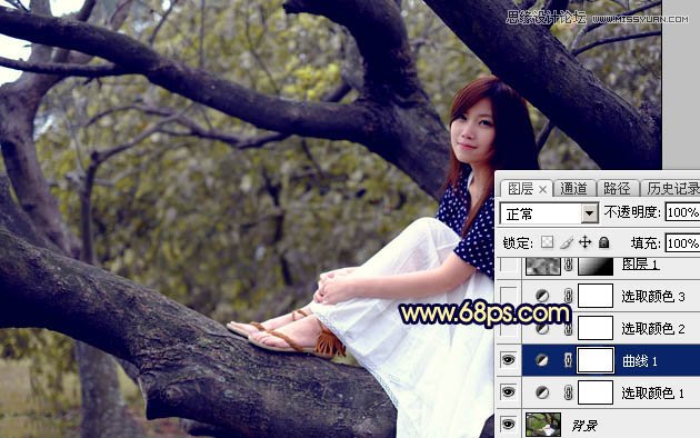 Photoshop给树上美女人像添加唯美逆光效果