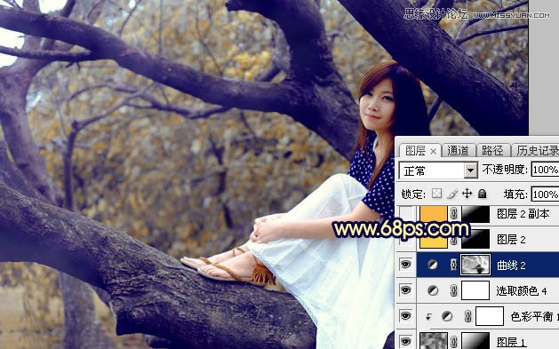 Photoshop给树上美女人像添加唯美逆光效果