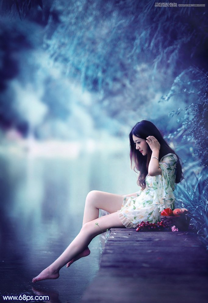 Photoshop调出河边女孩梦幻的深蓝效果