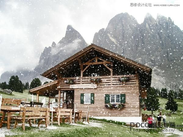 Photoshop给山间木屋添加冬季雪景效果