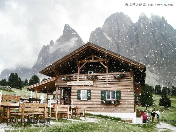 Photoshop给山间木屋添加冬季雪景效果