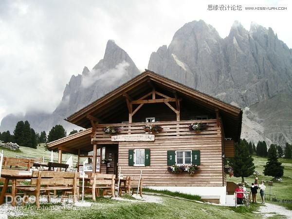 Photoshop给山间木屋添加冬季雪景效果