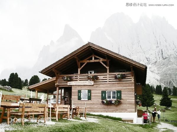 Photoshop给山间木屋添加冬季雪景效果