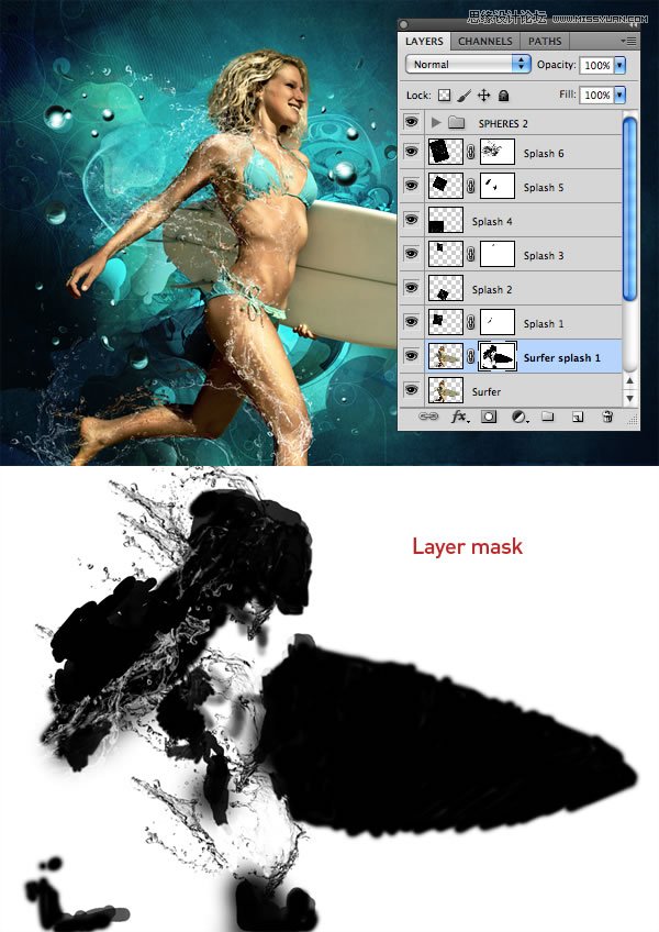 Photoshop合成从水花中冲出的海边美女