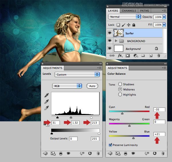 Photoshop合成从水花中冲出的海边美女