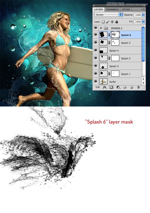 Photoshop合成从水花中冲出的海边美女