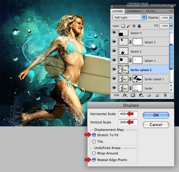 Photoshop合成从水花中冲出的海边美女