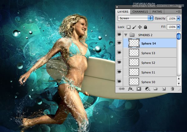 Photoshop合成从水花中冲出的海边美女