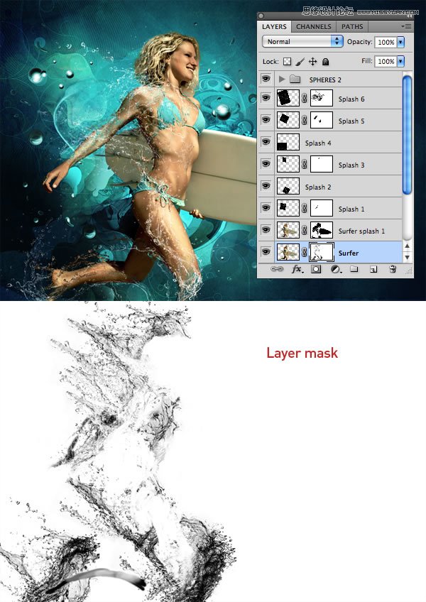Photoshop合成从水花中冲出的海边美女