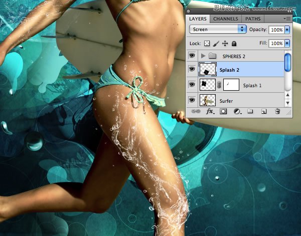Photoshop合成从水花中冲出的海边美女