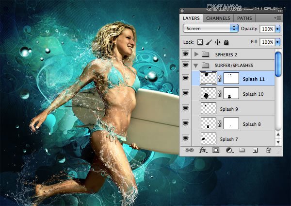 Photoshop合成从水花中冲出的海边美女