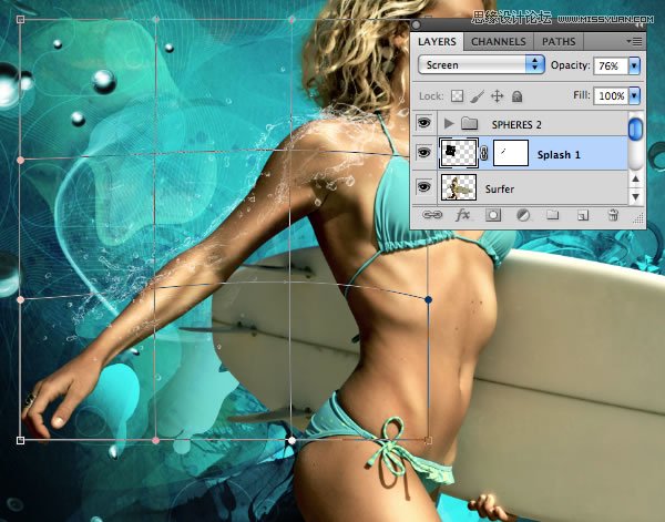 Photoshop合成从水花中冲出的海边美女