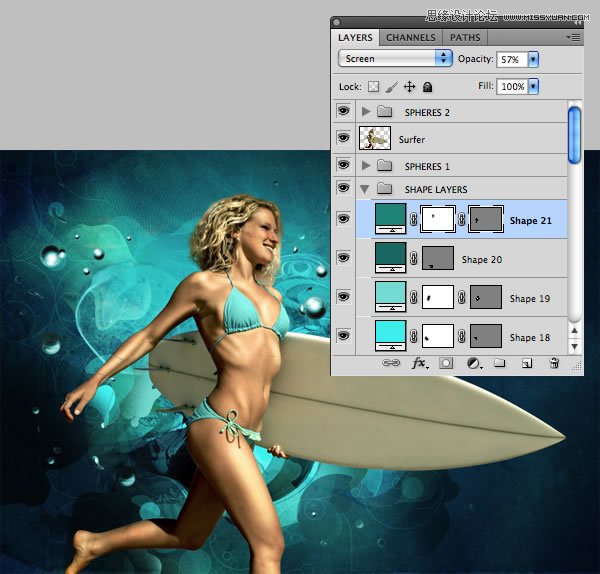 Photoshop合成从水花中冲出的海边美女