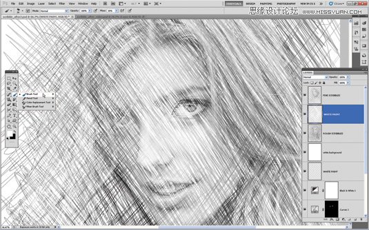 Photoshop把美女人像照片转化成手绘素描效果