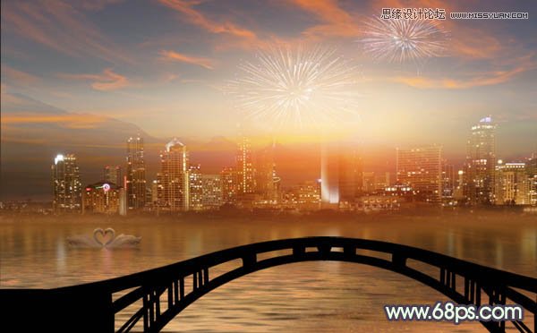 Photoshop合成绚丽城市背景的夜景婚片