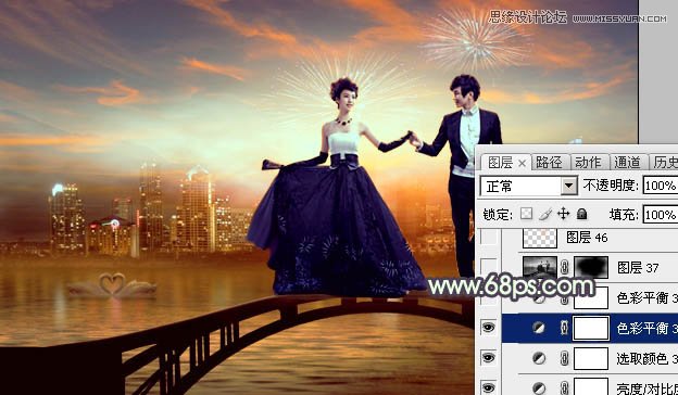 Photoshop合成绚丽城市背景的夜景婚片