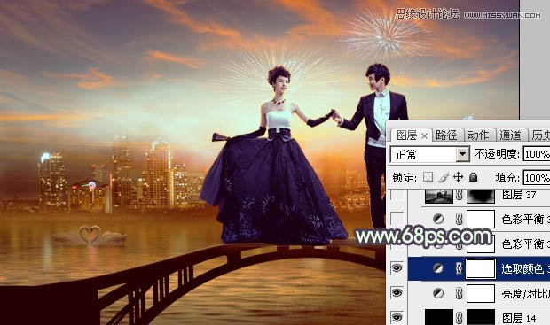 Photoshop合成绚丽城市背景的夜景婚片