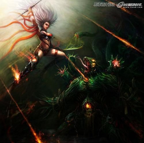 ps绘制女战士大战腐蚀者场景