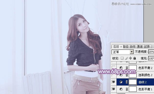 Photoshop调出室内美女人像唯美蓝色调