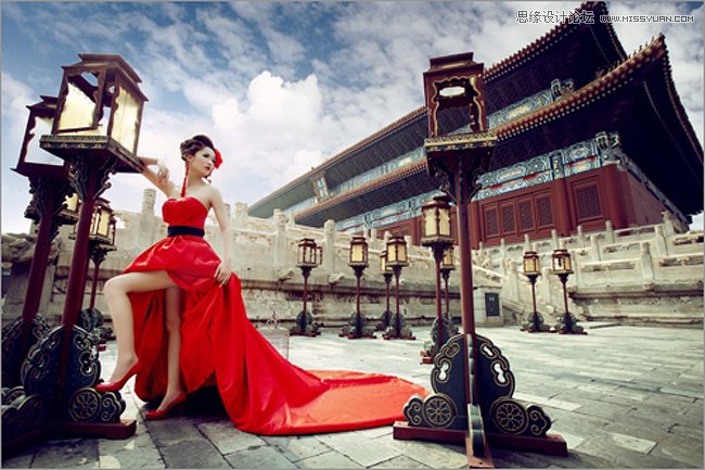 Photoshop给古建筑人像天空添加蓝天白云